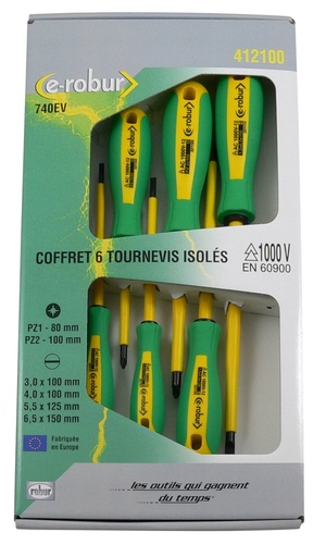 [AGI412100] AGI Robur - Coffret 6 tournevis trimatière isolés 1000V PZ1-2, plats 3-4-5,5-6,5mm